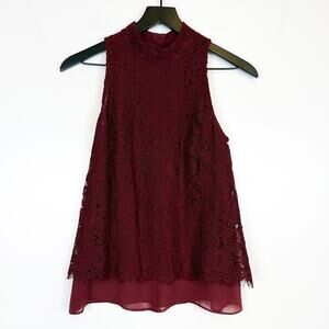 White House Black Market Maroon Red Lace Mock Neck Flowy Layered Tank Top - 0